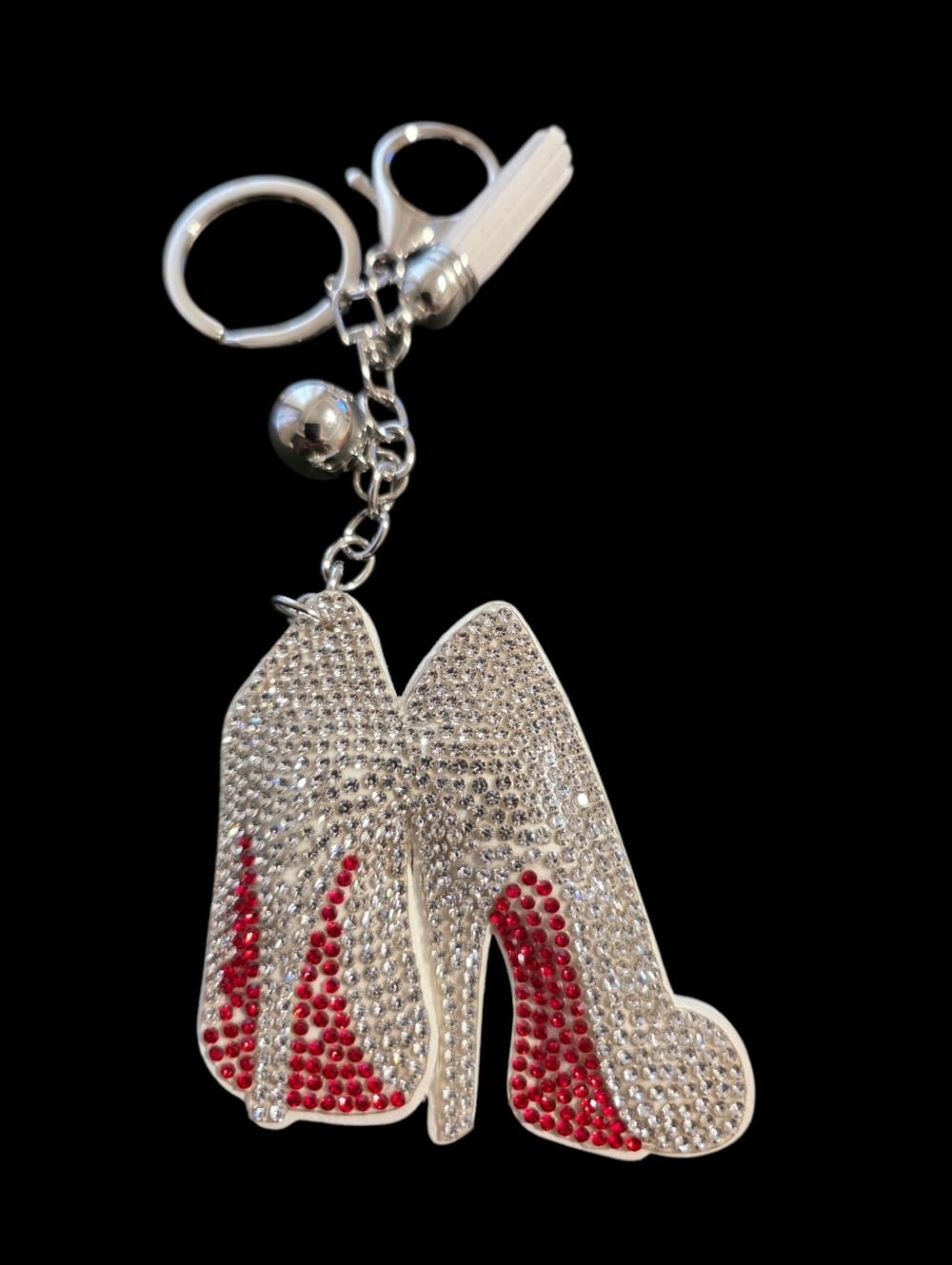 Rhinestone White High Heel Bag Charm Keychain - Silver & Red